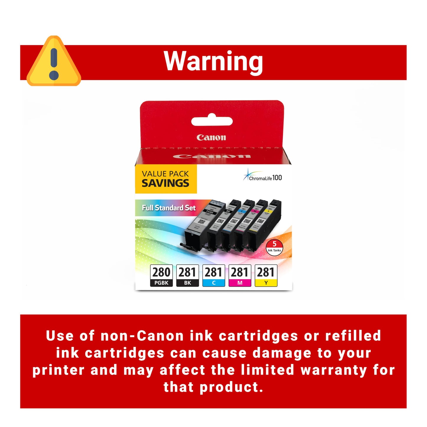Canon PGI-280 / CLI-281 5 Color Ink Pack, Compatible to TS8120,TS6120,TR8520,TR7520, and TS9120 Wireless Printers, Multi, PGI-280 Full Standard Set