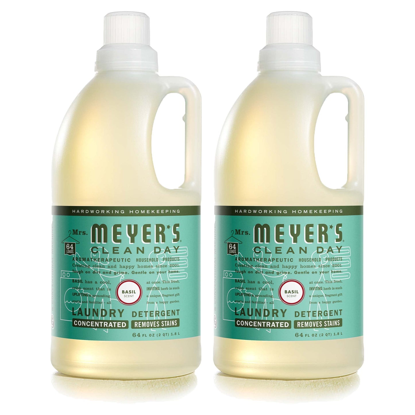 MRS. MEYER'S CLEAN DAY Liquid Laundry Detergent, Biodegradable Formula Infused with Essential Oils, Basil, 64 oz - Pack of 2 (128 Loads)