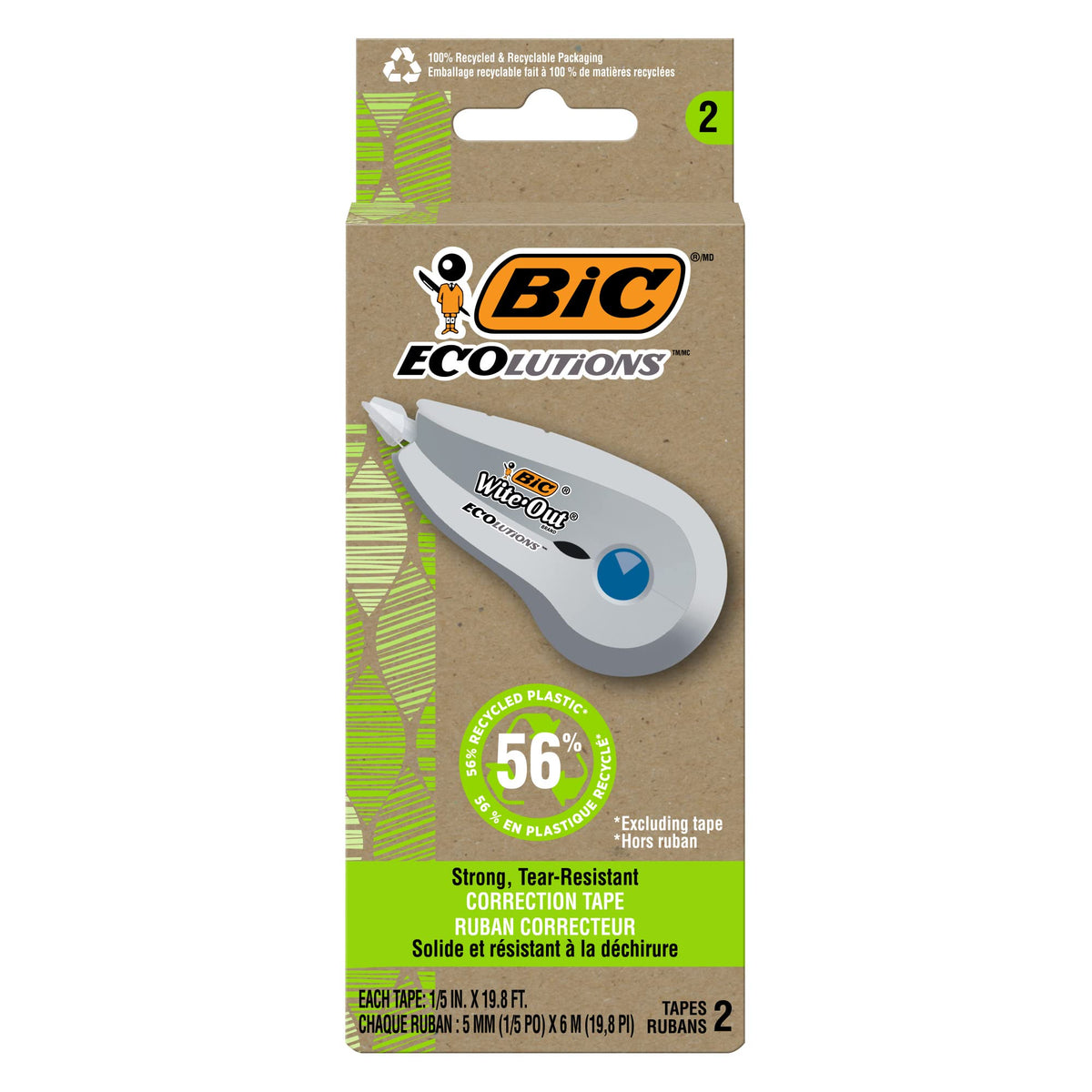 BIC Ecolutions Wite-Out Brand Correction Tape, 19.8 Feet, 2-Count Pack, Correction Tape Made from 56% Recycled Plastic