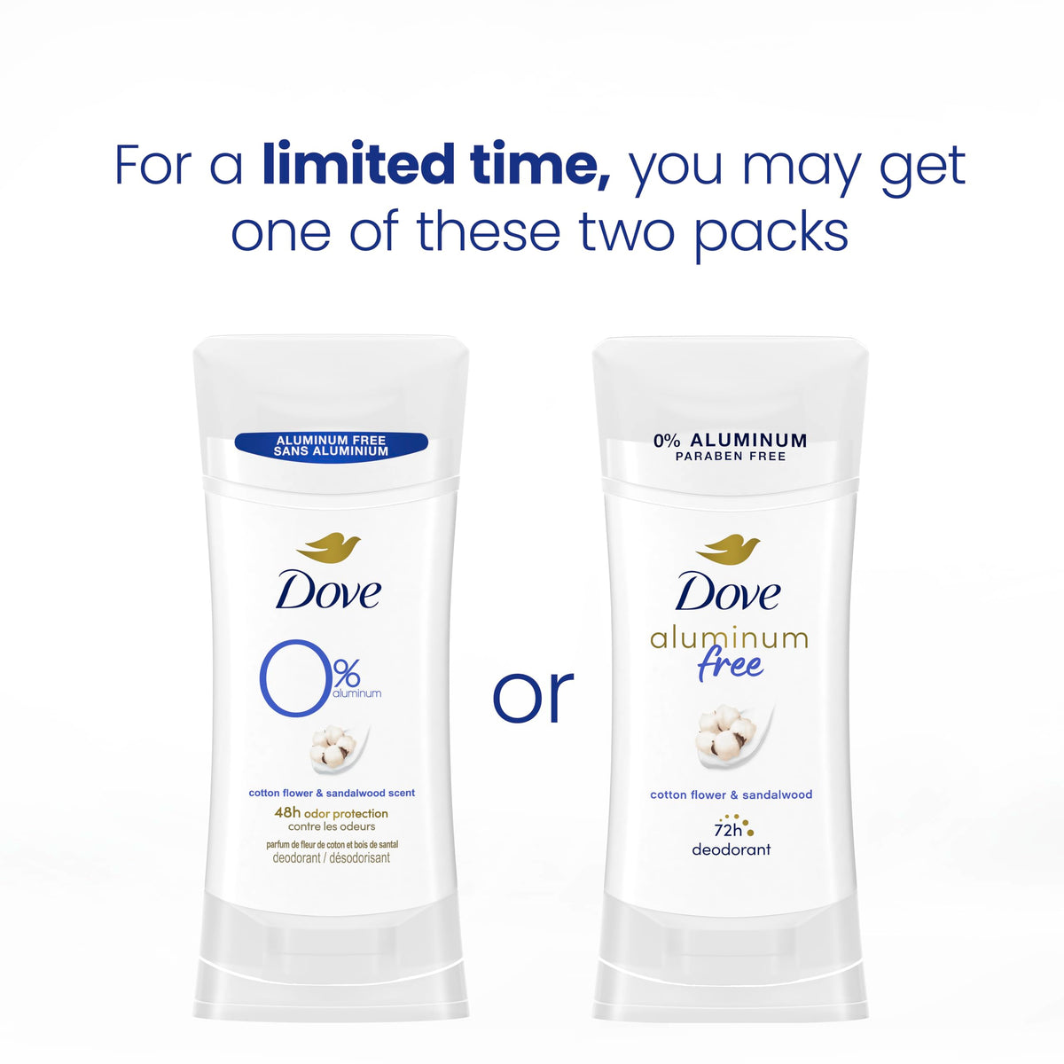 Dove Aluminum Free Deodorant for Women 3 Count Cotton Flower & Sandalwood 72 hour odor protection 2.6 oz