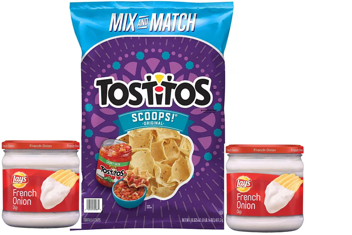 VARIETY PACK Tostitos Tortilla Chips and Dips - Tostitos Scoops Party Size & French Onion Dip