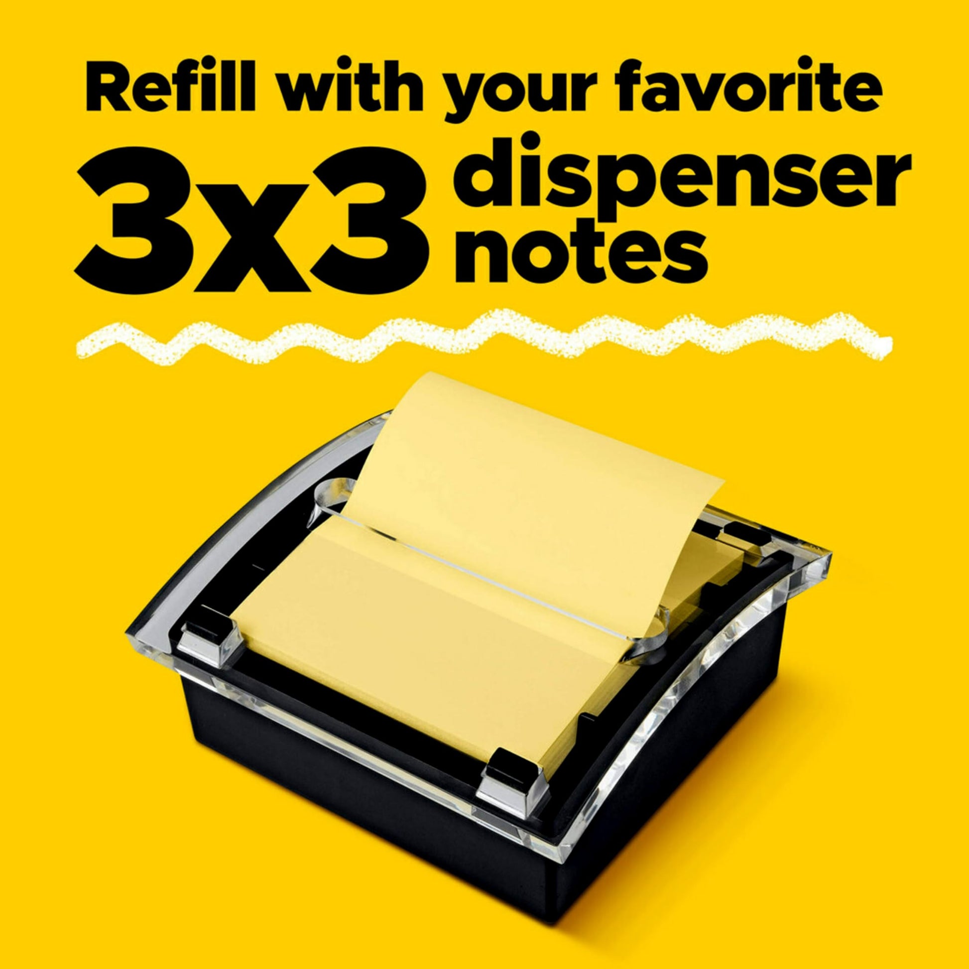 Post-it Note Dispenser, Sticky Note Holder, Black Base, Clear Top, Includes 50 Sheets of 3 in x 3 in Canary Yellow Pop-Up Notes, Classroom or Office Supplies