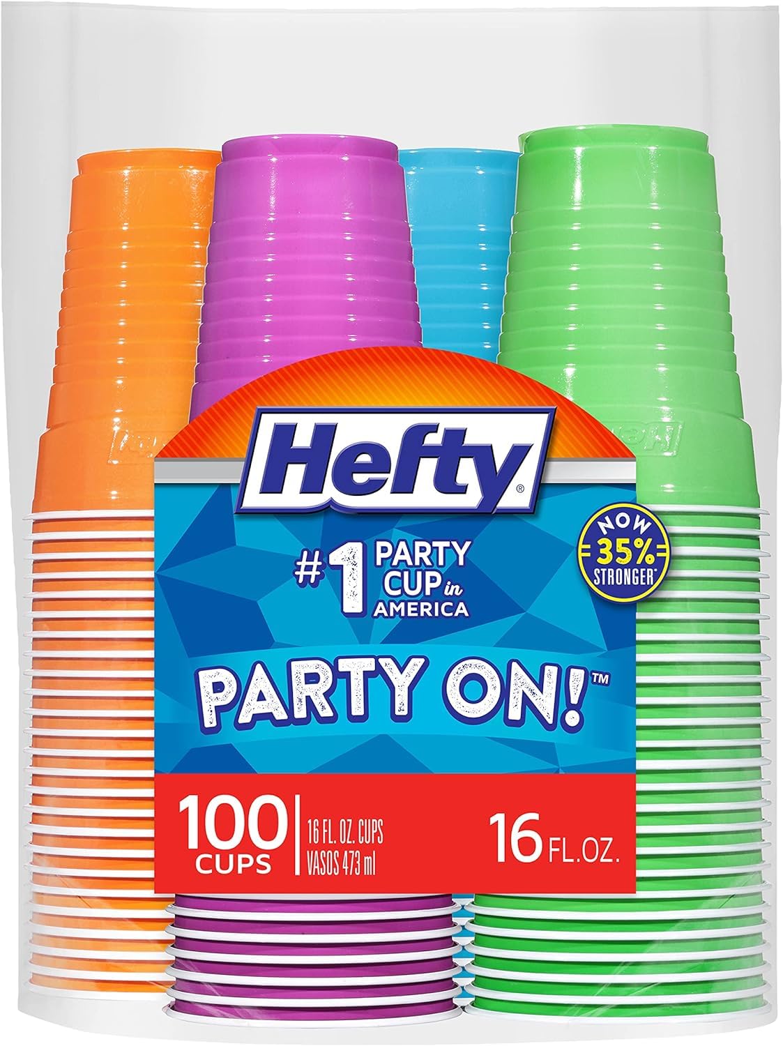 Hefty Party On Disposable Plastic Cups, Assorted, 16 Ounce 100 Count (Pack of 6)
