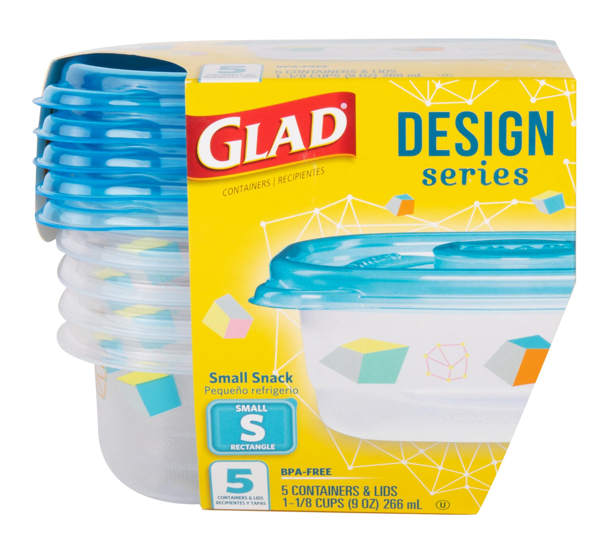 Glad Small Snack Design Series Food Storage Containers, Rectangle (9 Oz) -5 Count