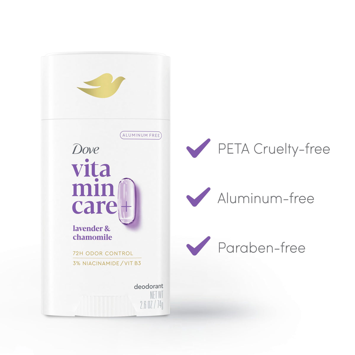 Dove VitaminCare+ Aluminum Free Deodorant Stick for 72H Odor Protection Lavender & Chamomile Breathable Deodorant for Women 2.6 oz