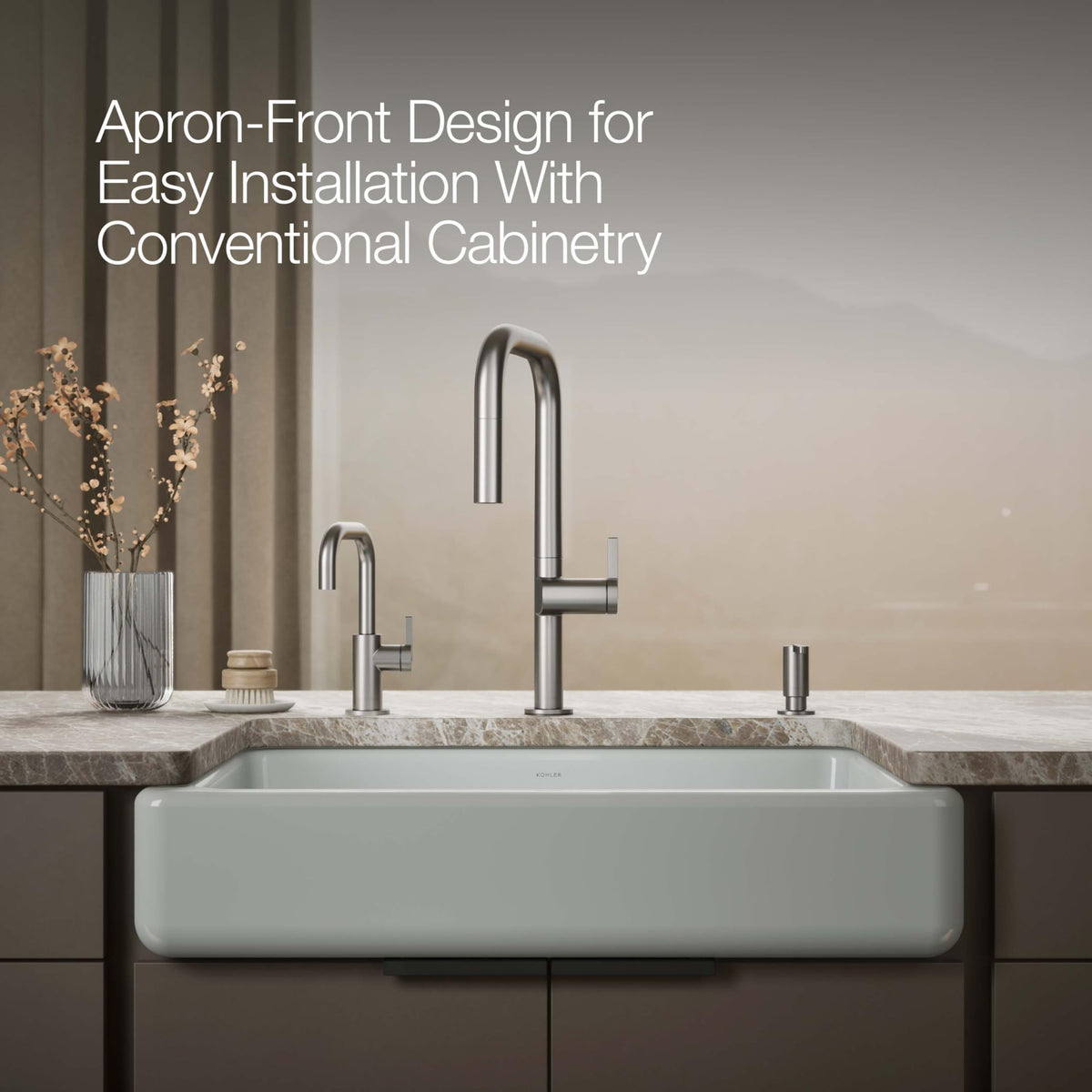KOHLER K-5826-95 Whitehaven Farmhouse Self-Trimming Undermount Single-Bowl Sink with Short Apron, Ice Grey