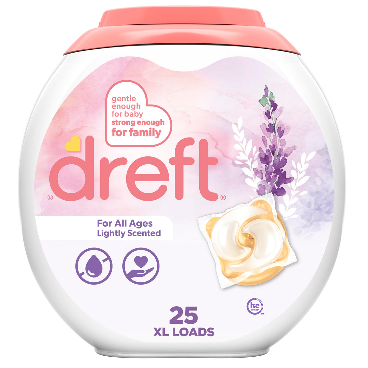 Dreft Laundry Detergent Pacs, HE Compatible, Lightly Scented, Lavender, 25 Count