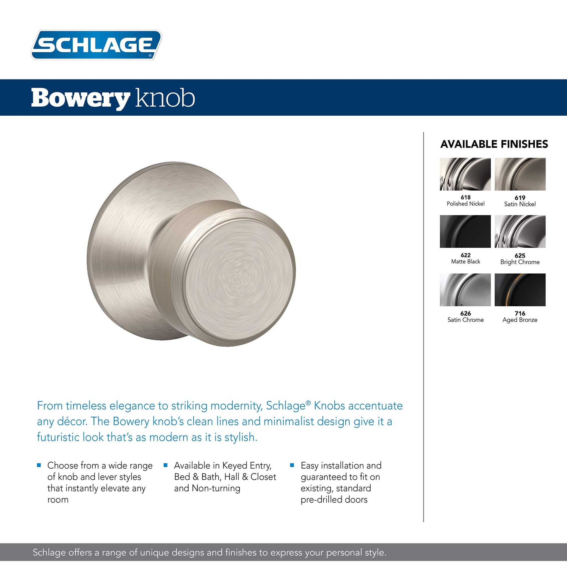 Schlage F10 BWE 716 Bowery Door Knob, Hall & Closet Passage Lock, Aged Bronze
