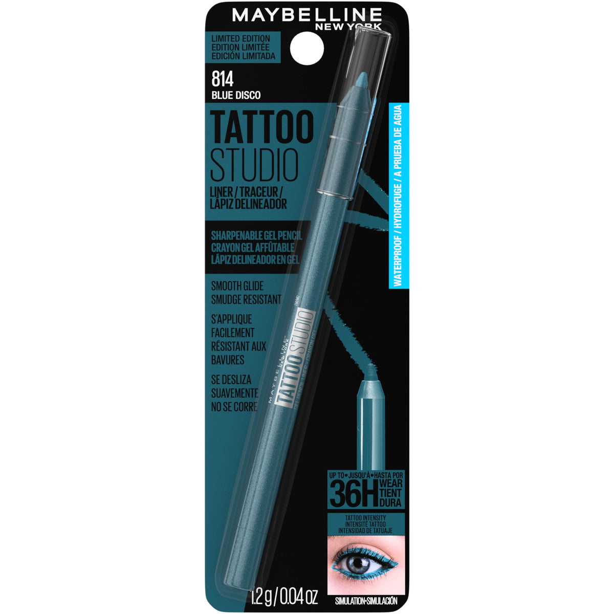 MAYBELLINE Tattoo Studio Sharpenable Eyeliner Pencil, 36 Hour Wear, Waterproof, Blue Disco, 1 Count