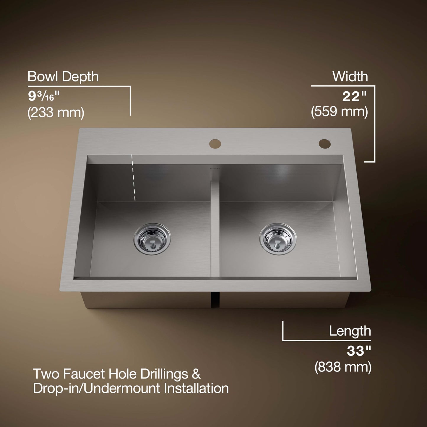 KOHLER Task Smart Divide 33" Top-/Undermount Double-Bowl Workstation Kitchen Sink, Includes Accessories, Stainless Steel, 2 Faucet Holes, K-80085-2PC-NA