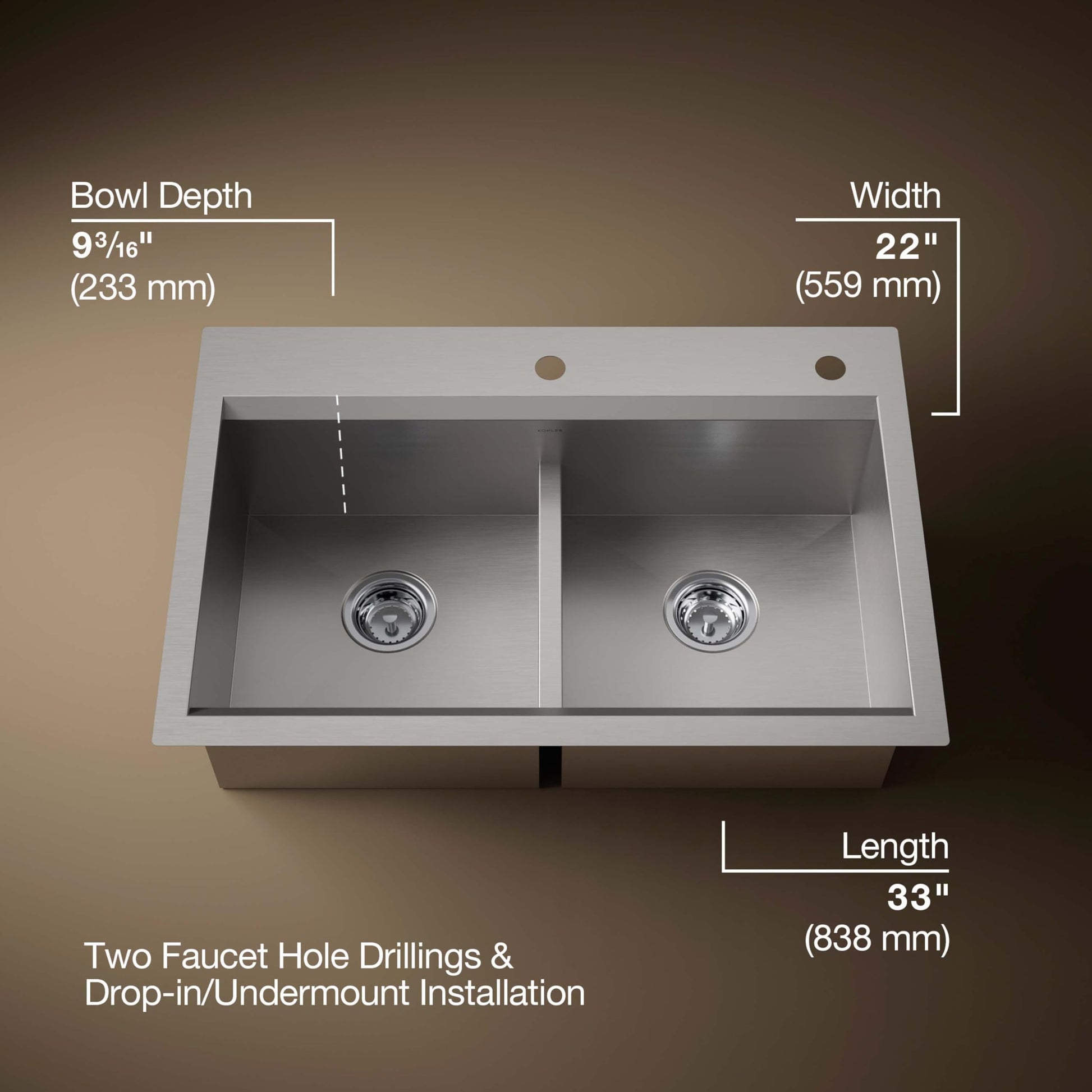 KOHLER Task Smart Divide 33" Top-/Undermount Double-Bowl Workstation Kitchen Sink, Includes Accessories, Stainless Steel, 2 Faucet Holes, K-80085-2PC-NA