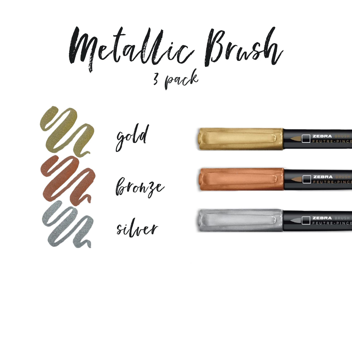Zebra Pen Metallic Brush Pen, Medium Point, Pigment Ink, Assorted Colors, 3 Pack