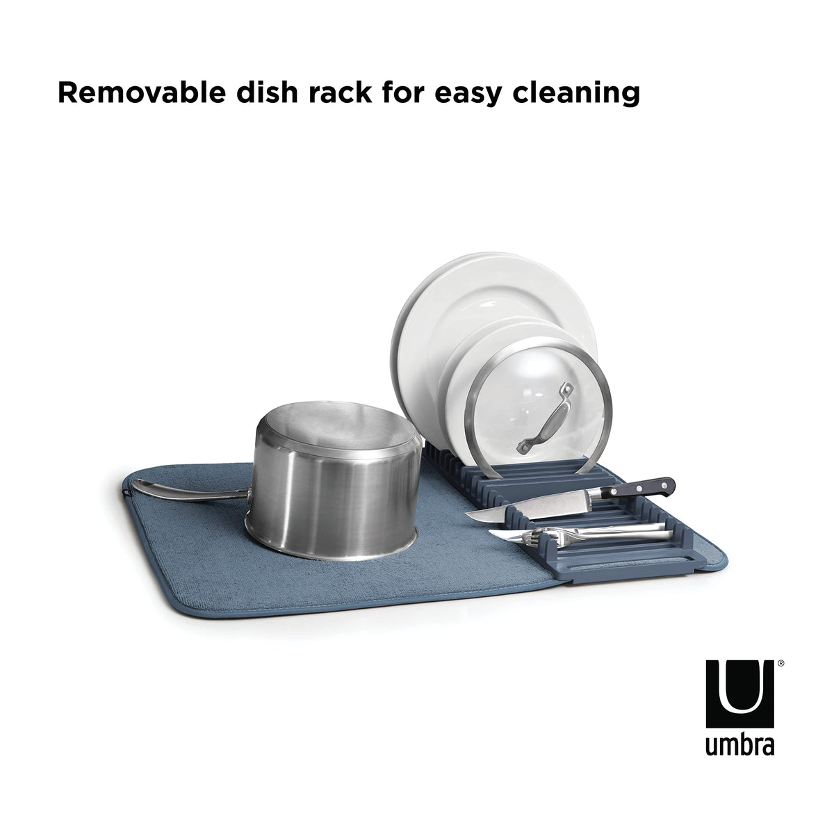 Umbra Udry Dish Rack and Microfiber Drying Mat – Space-Saving Design Folds Up for Easy Storage, Basic Rack, Denim