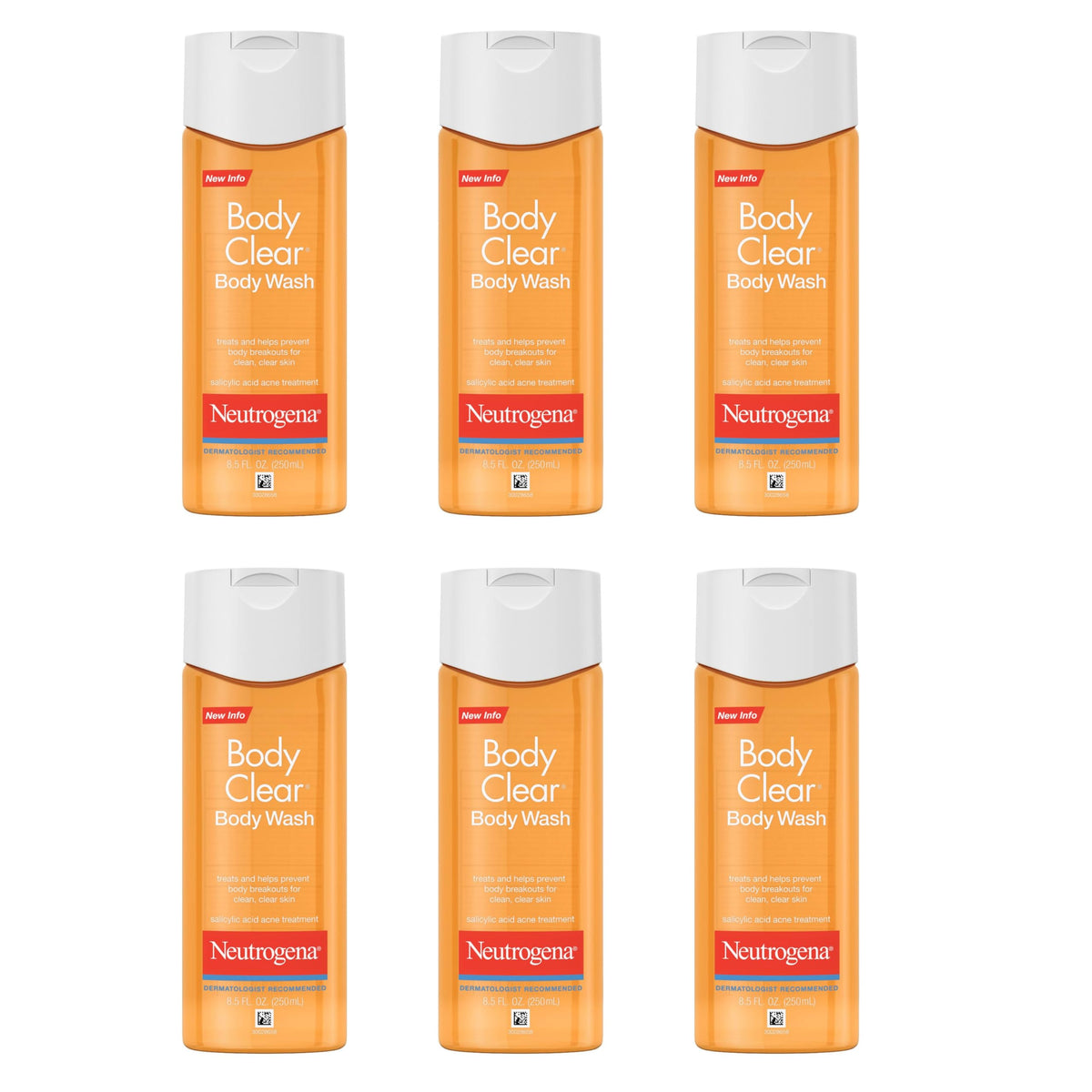 Neutrogena Body Clear Acne Body Wash with Glycerin & 2% Salicylic Acid Acne Medication to Help Treat Breakouts on Back, Chest & Shoulders, Non-Comedogenic, 8.5 fl. Oz, 6 Pack