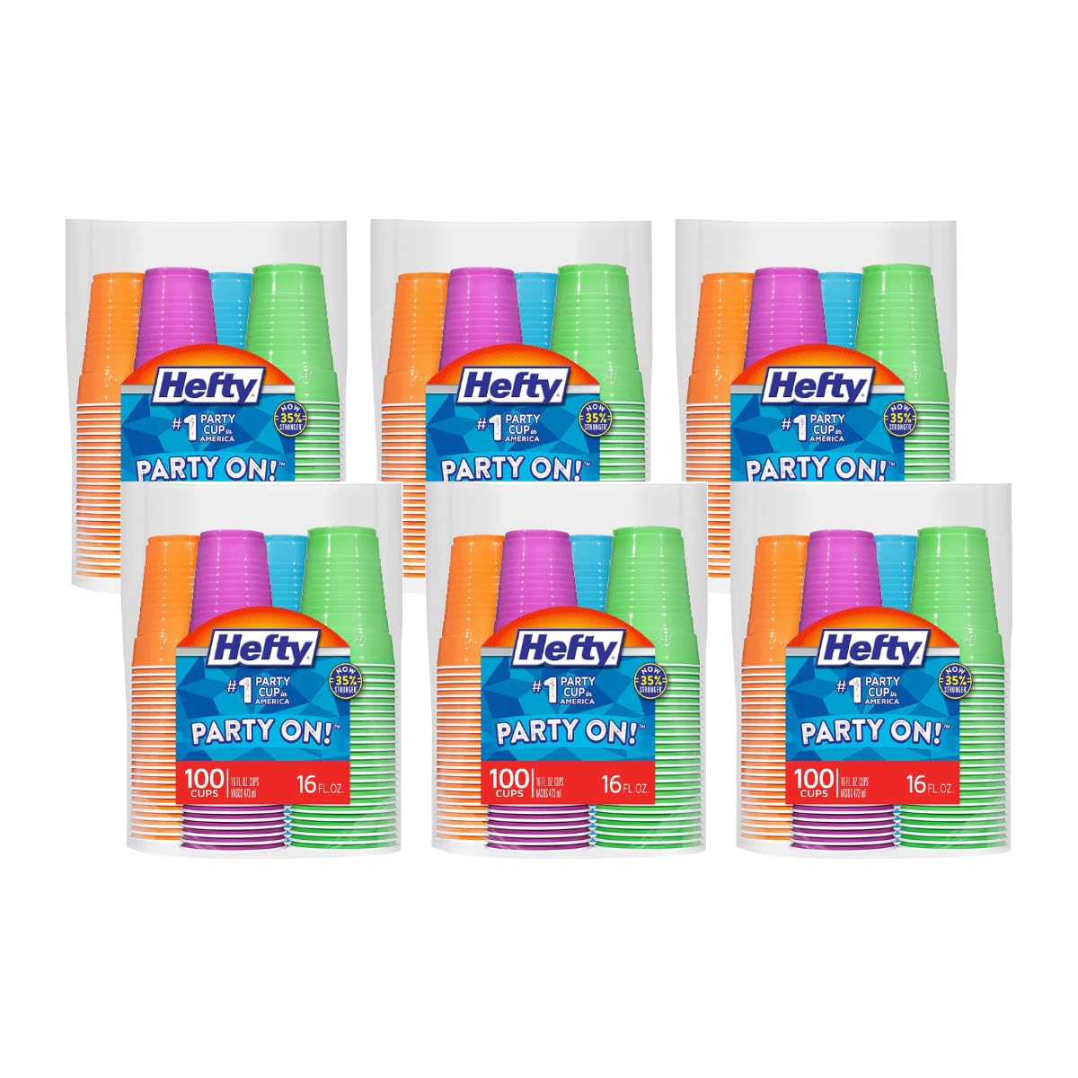 Hefty Party On Disposable Plastic Cups, Assorted, 16 Ounce 100 Count (Pack of 6)