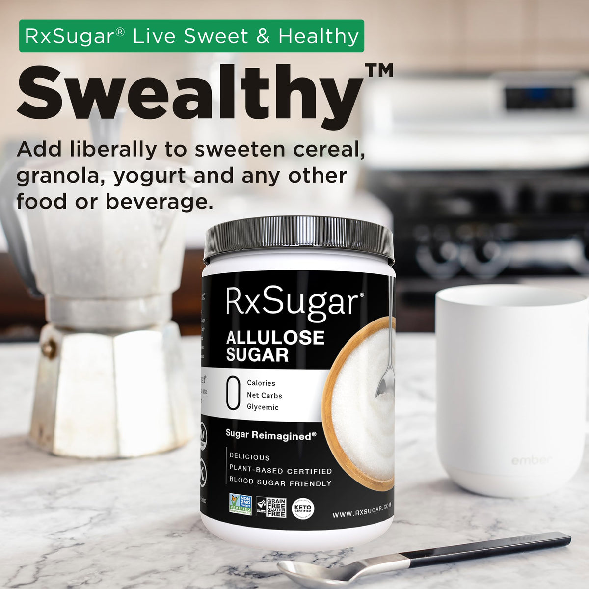 RxSugar Delicious Plant-Based Crystal Sugar, Allulose, 16 oz