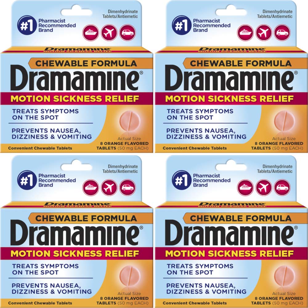 Dramamine Motion Sickness Relief Chewable Tablets, Orange Flavored, 8 Count (Pack of 4)