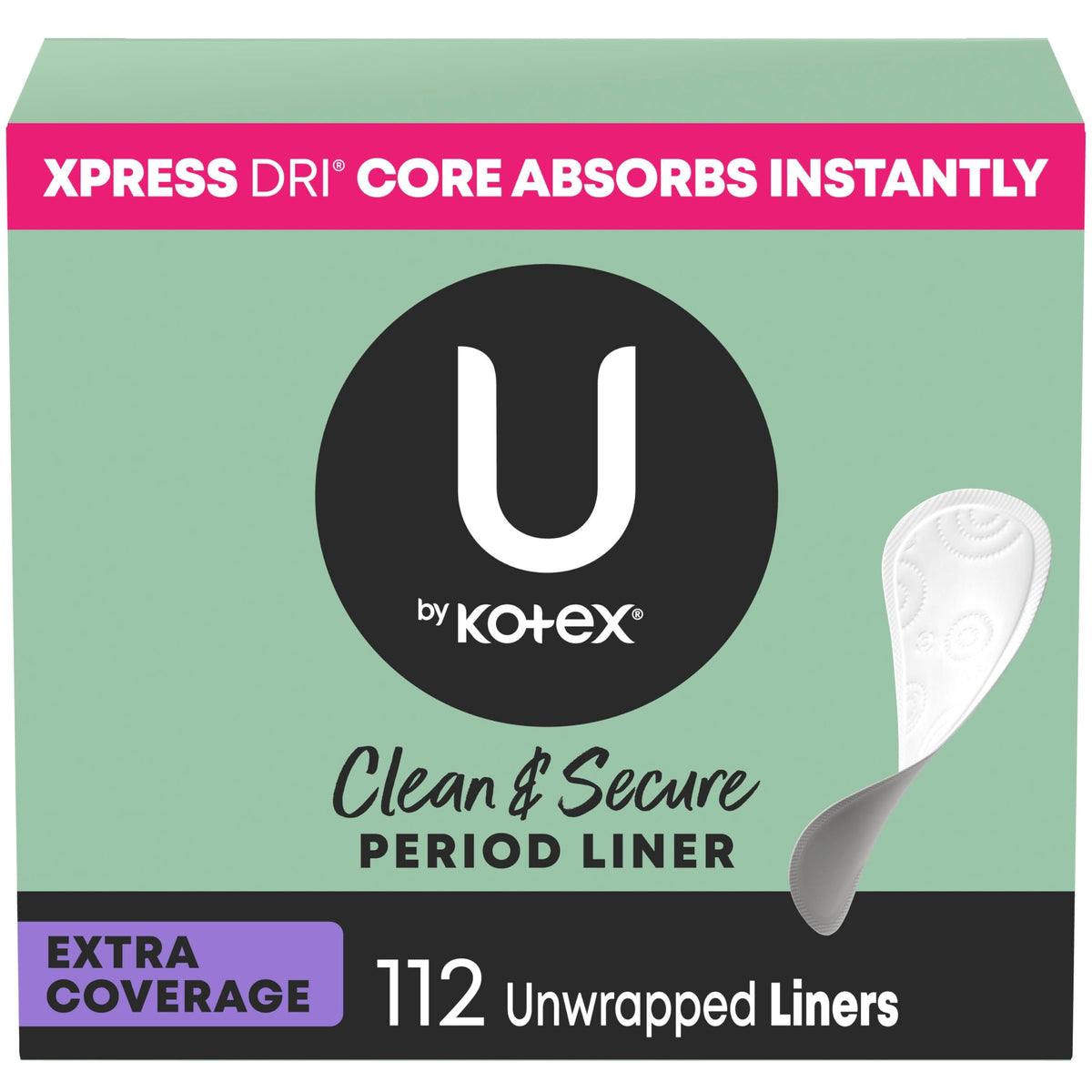 U by Kotex Panty Liners, Clean & Secure, Light Absorbency, Extra Coverage, 112 Count (Packaging May Vary)