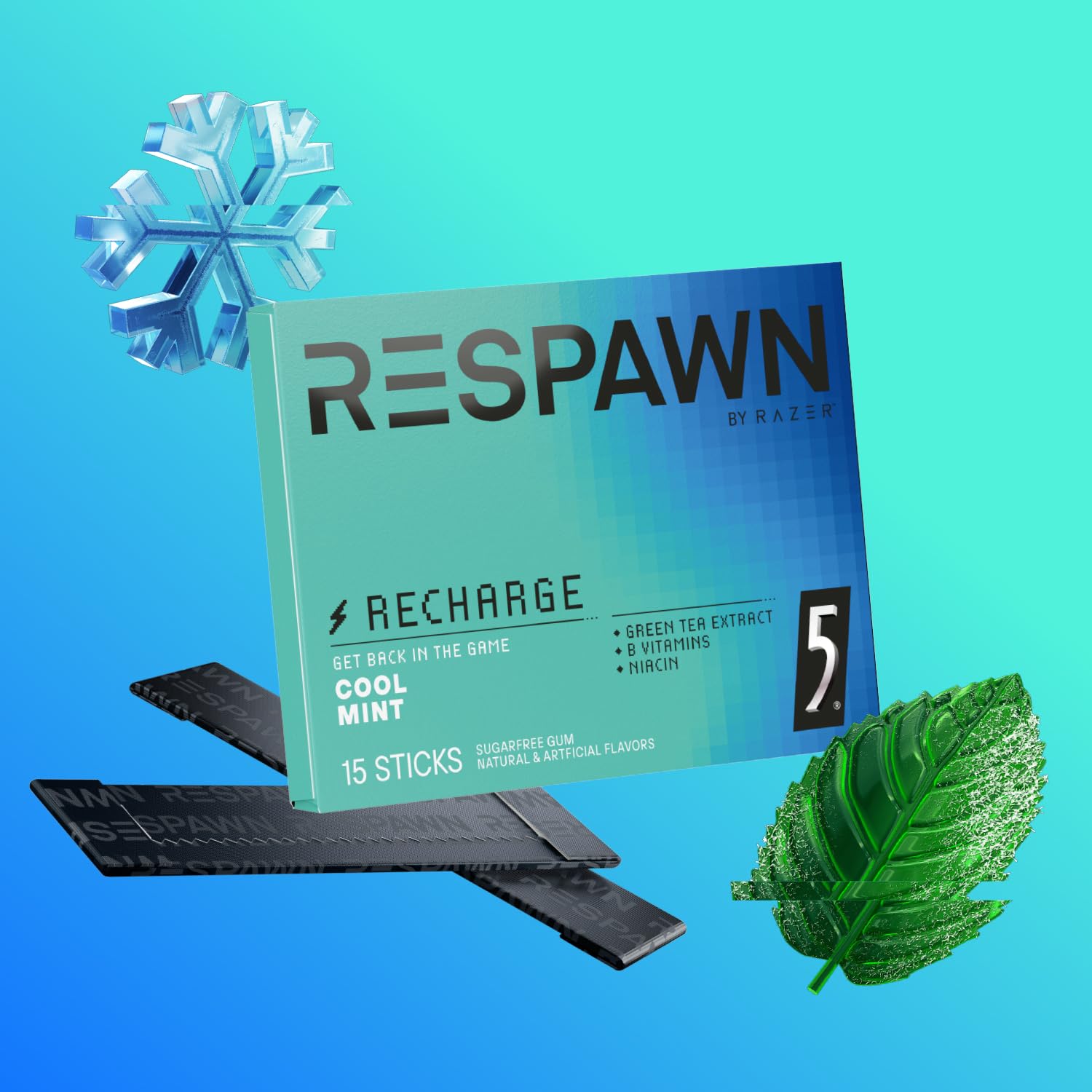 RESPAWN BY RAZER, Energy and Focus Gum, 5 Gum, Sugar-Free, Cool Mint, 10 Pack Bulk Box