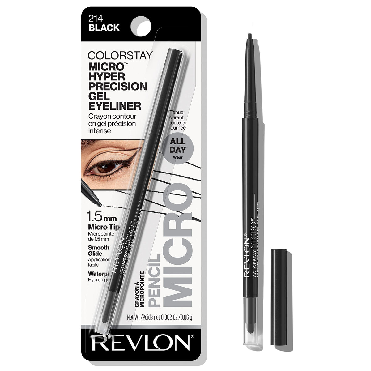 Revlon Gel Eyeliner, ColorStay Micro Hyper Precision Eye Makeup with Built-in Smudger, Waterproof, Longwearing with Micro Precision Tip, 214 Black, 0.002 oz