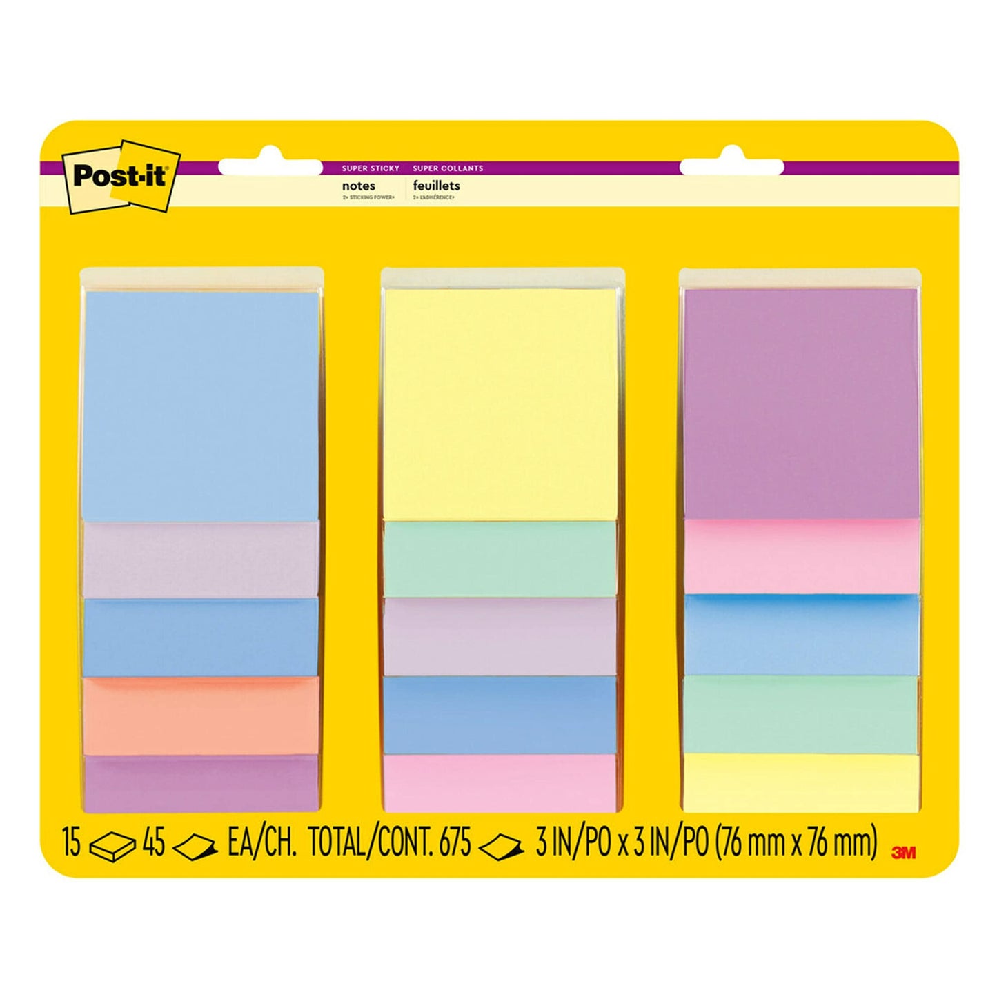 Post-it Super Sticky Notes, 3x3 in, Assorted Pastel Colors, 15 Pads, 2X The Sticking Power, Recyclable (654-15SSPS)