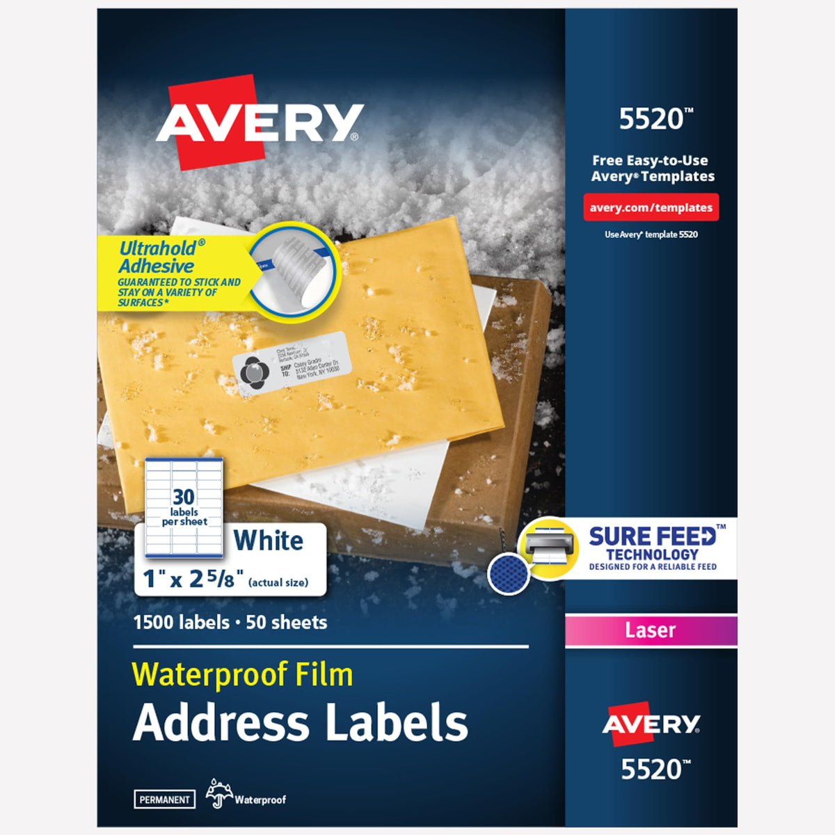 Avery Waterproof Sticker Labels for Printer - 1" x2-5/8 Mailing Labels, Ultrahold Permanent Adhesive, Laser Printers, 1,500 Printable Avery Address Label Sheets (5520)