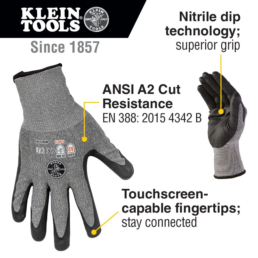Klein Tools 60197 Work Gloves, Cut-Resistant Gloves ANSI Rated A2, Touchscreen, X-Large, 2-Pair