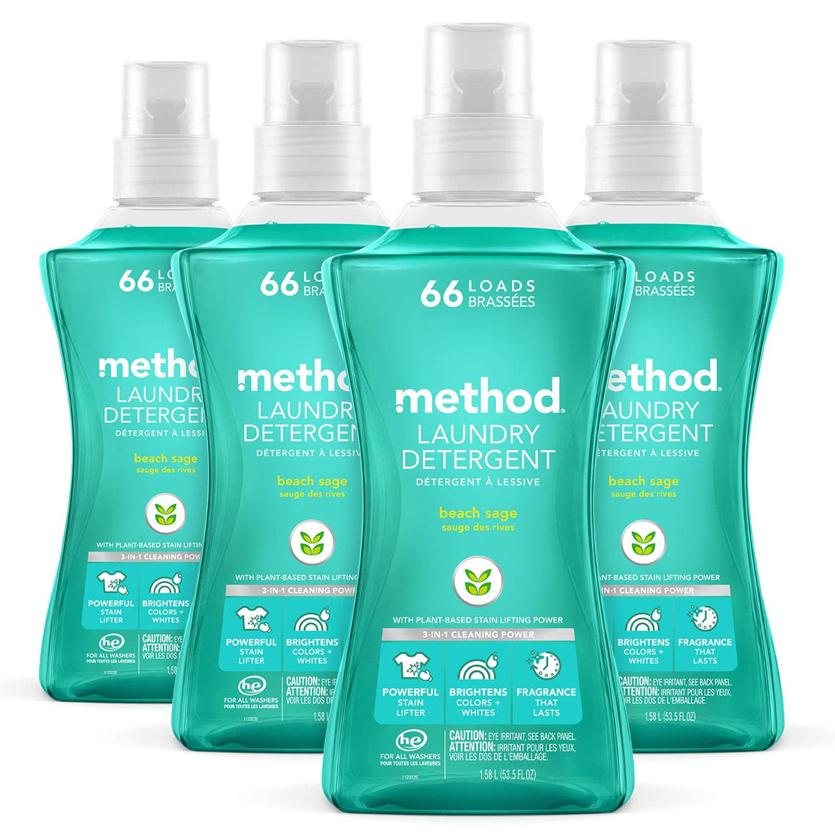 Method Liquid Laundry Detergent; Beach Sage Scent, Plant-Based Stain Remover; ; 66 Loads per 53.5 fl oz bottle; 4 Pack (264 Total Loads); Packaging May Vary