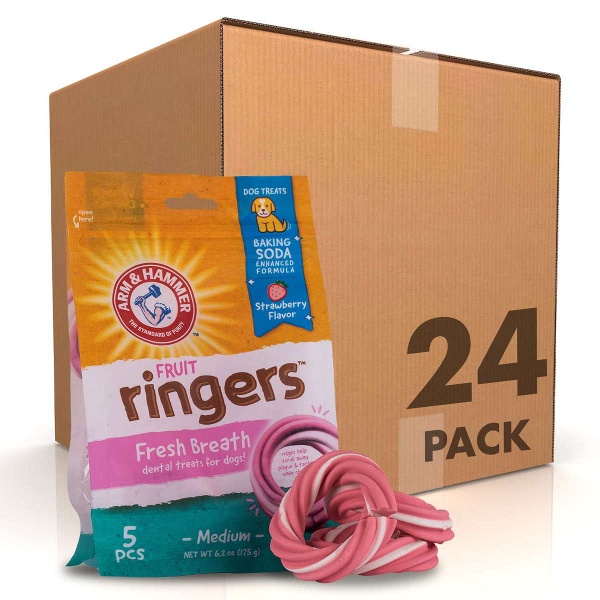 Arm & Hammer for Pets Ringers Dental Treats for Dogs Dog Dental Chews Fight Bad Breath & Tartar Without Brushing Fruity Strawberry Flavor in Dog Treat Bag,Dental Dog Chews(Pack of 24,120 Count)