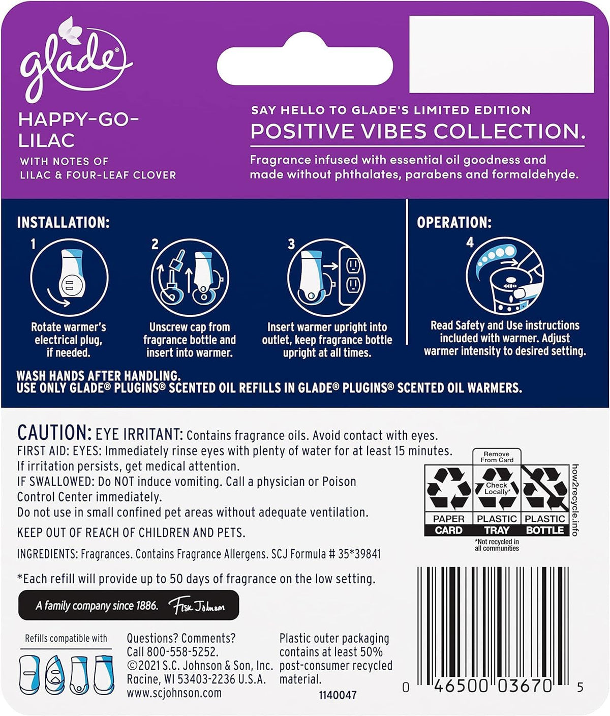 Glade PlugIns Refills Air Freshener, Scented and Essential Oils for Home and Bathroom, Happy-Go-Lilac, 0.67 Fl Oz