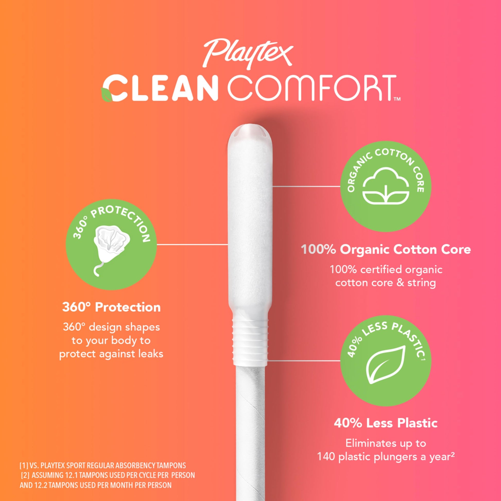 Playtex Clean Comfort Organic Cotton Tampons, Regular Absorbency, Fragrance-Free, Organic Cotton - 30ct