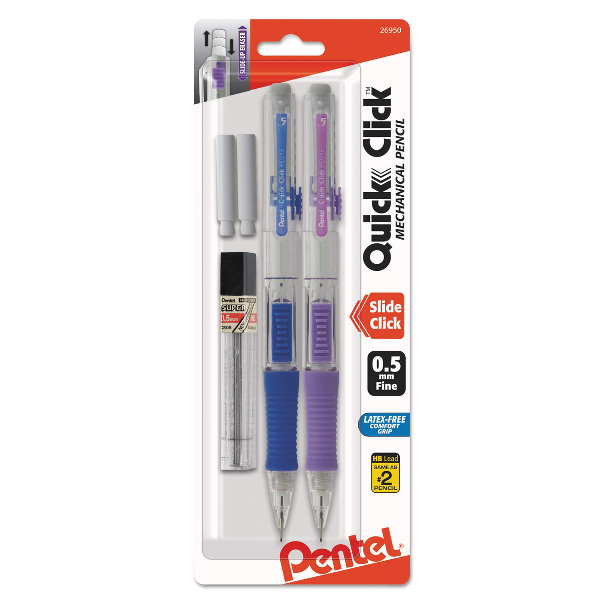 Pentel Quick Click Mechanical Pencil, 0.5 Mm, Hb (#2.5), Black Lead, Assorted Barrel Colors, 2/Pack