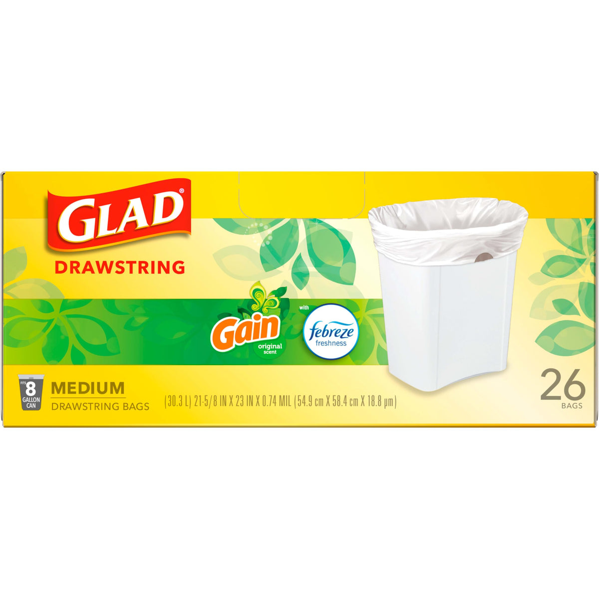 Glad Medium Trash Bags, 8 Gallon, Gain Original with Febreze Garbage Bags, With Odor Control and Drawstring, 26 Count