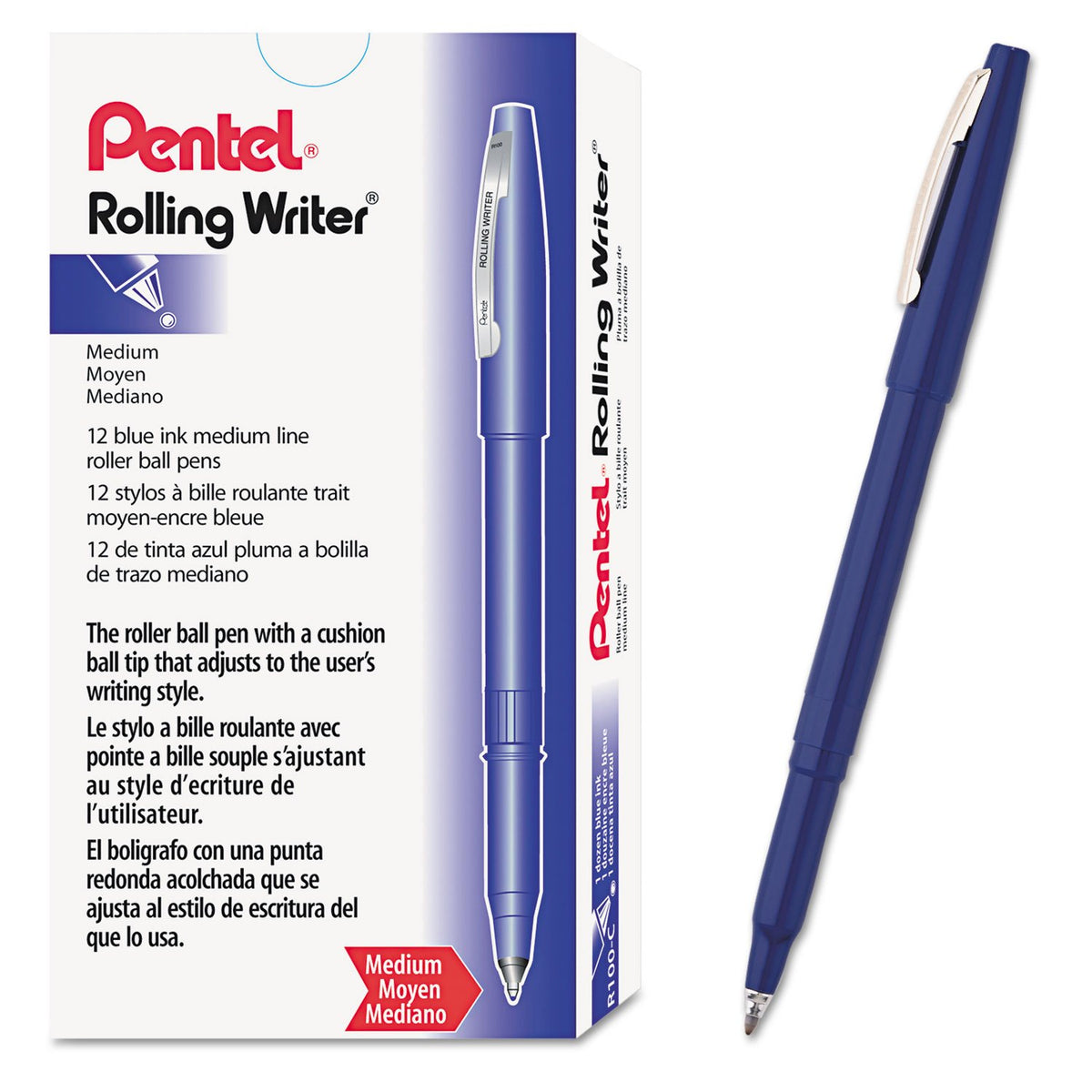 Pentel Rolling Writer Roller Ball Capped Pen, Blue Ink, Medium Point, Dozen, DZ - PENR100C