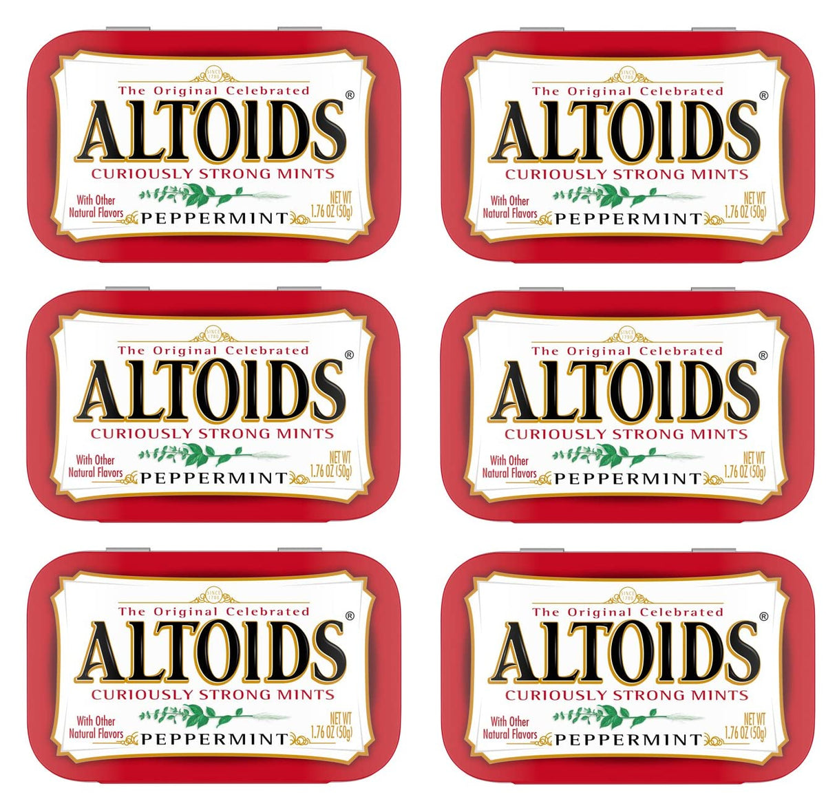 ALTOIDS Curiously Strong Breath Mints, Individual Packs, 1.76-Ounce Tins - Cinnamon - Peppermint - Spearmint - Wintergreen - Great For Holidays, Parties, Gifts & More! (Peppermint - 1.76 Ounce, 6)