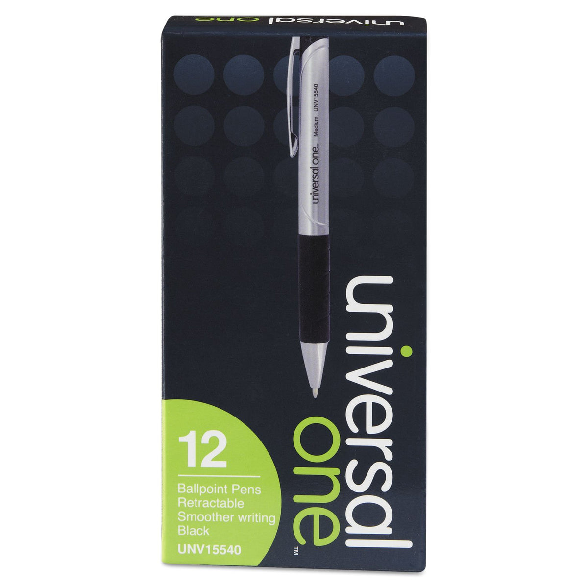 Universal 15540 Advanced Ink Retractable Ballpoint Pen, Black Ink, Silver, 1mm, Dozen