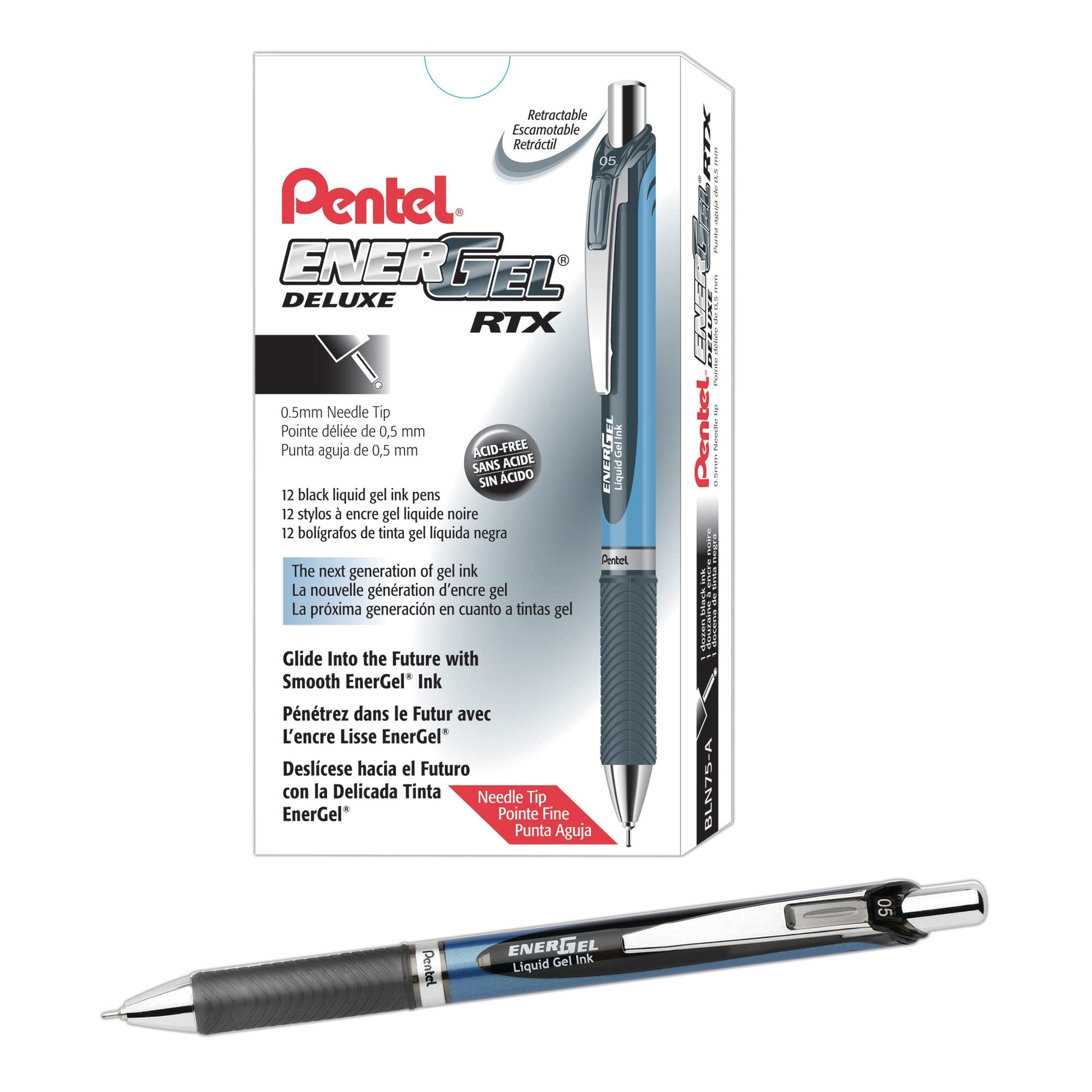 Pentel® EnerGel™ Deluxe RTX Retractable Liquid Gel Pens, Fine Point, 0.5 mm, 54% Recycled, Blue Barrel, Black Ink, Pack Of 12 Pens