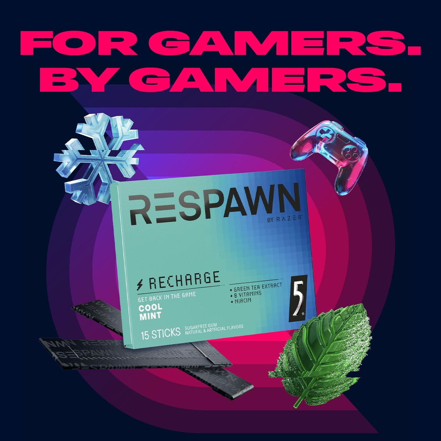RESPAWN BY RAZER, Energy and Focus Gum, 5 Gum, Sugar-Free, Cool Mint, 10 Pack Bulk Box