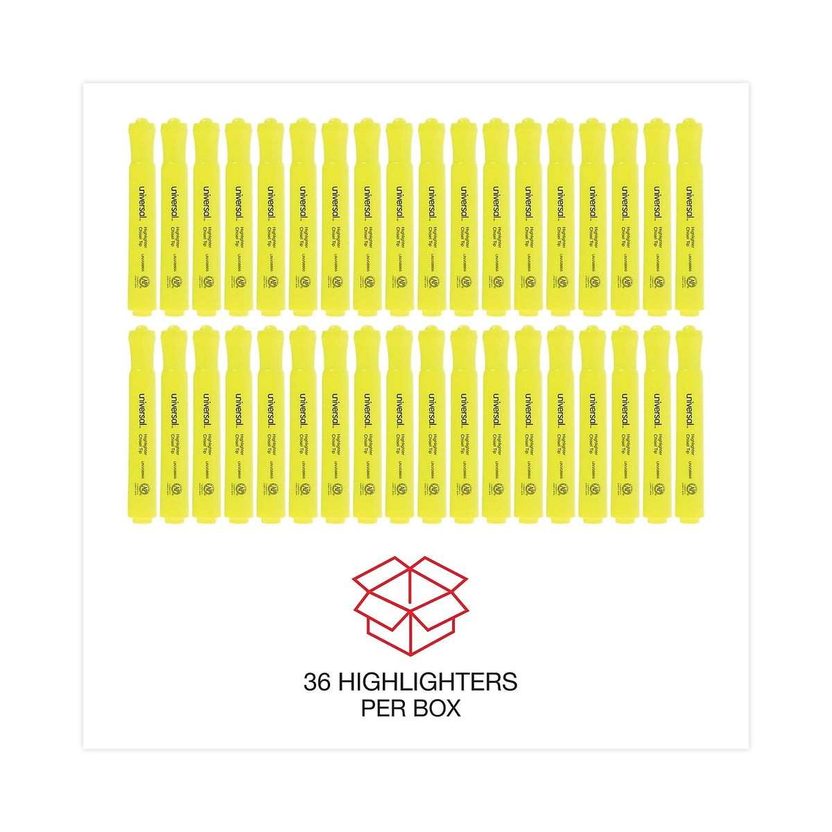 Universal UNV08866 Chisel Tip Desk Highlighter Value Pack - Fluorescent Yellow Ink, Yellow Barrel (36/Pack)