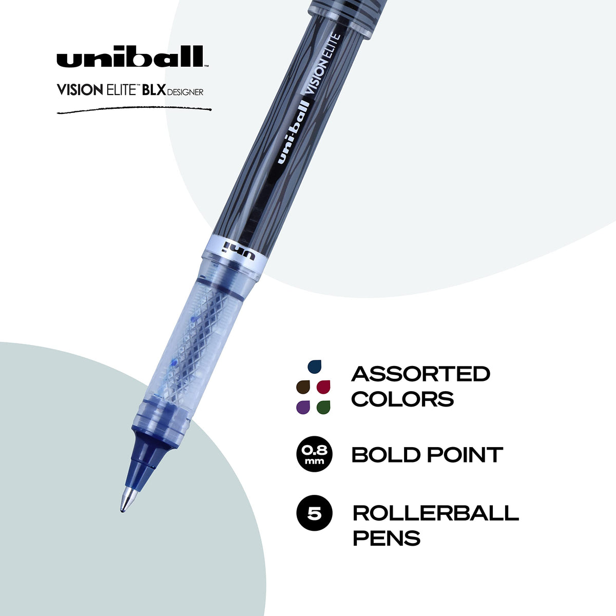 Uni-Ball Vision Elite BLX Designer Rollerball Pens Bold Point, 0.8mm, Assorted, 5 Pack