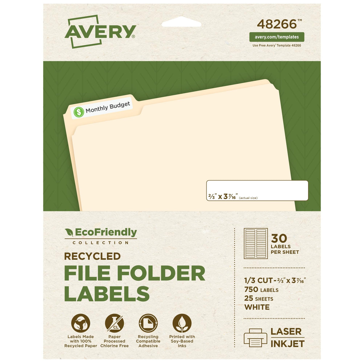 Avery EcoFriendly Recycled File Folder Labels, 2/3" x 3-7/16", White, Permanent Label Adhesive, 750 Printable Labels (48266)
