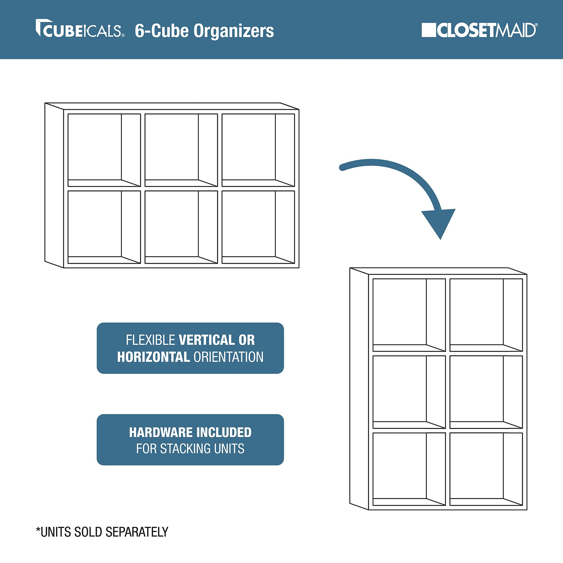 Closetmaid Decorative Home Stackable 6 Cube Cubeicals Organizer Storage Bookcase, with Hardware for Office, Home and Closet, White