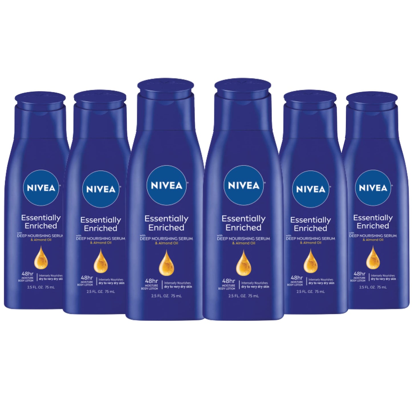NIVEA Essentially Enriched Body Lotion for Very Dry Skin with Hyaluronic Acid, Almond Oil and Deep Nourishing Serum, 72-Hour Body Moisturizer, 2.5 Fl Oz Bottle (Pack of 6)