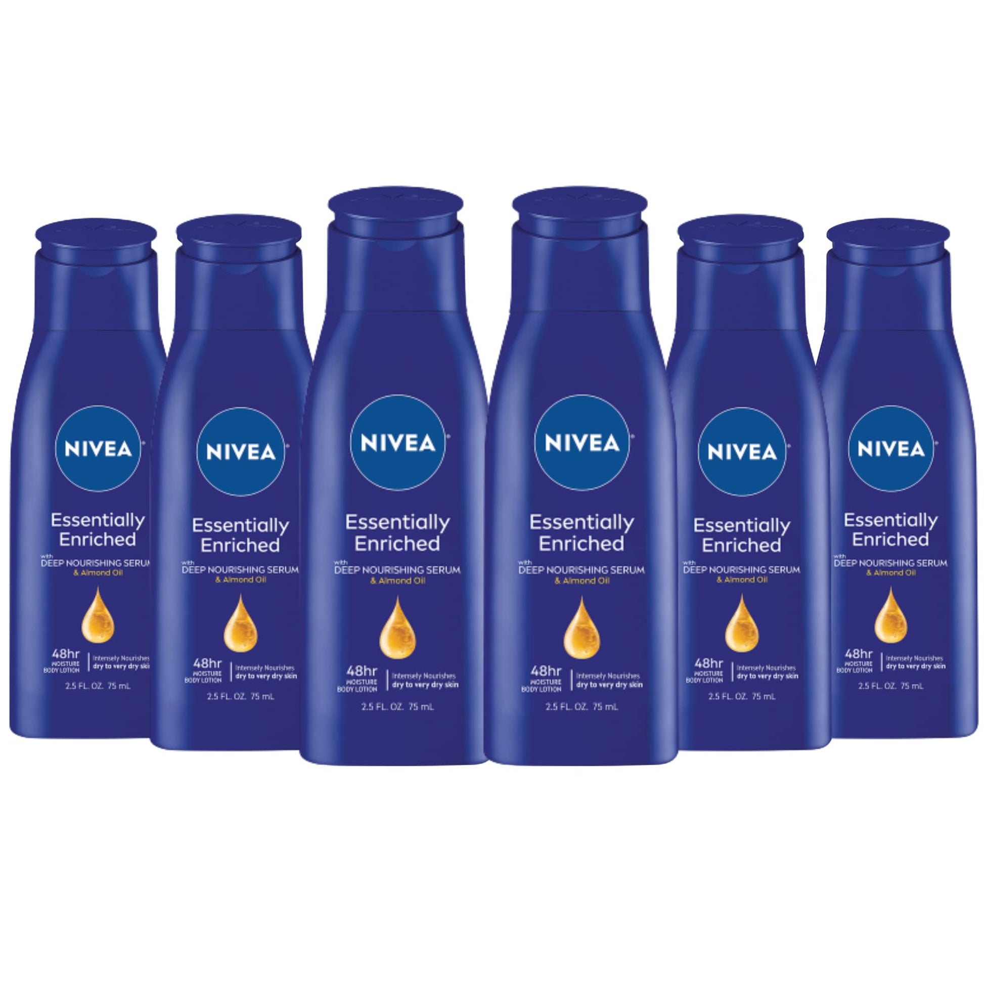 NIVEA Essentially Enriched Body Lotion for Very Dry Skin with Hyaluronic Acid, Almond Oil and Deep Nourishing Serum, 72-Hour Body Moisturizer, 2.5 Fl Oz Bottle (Pack of 6)