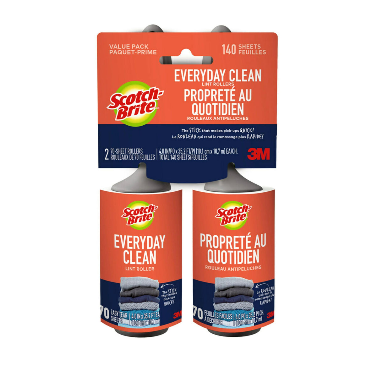 Scotch-Brite Everyday Clean Lint Roller, Lint Remover for Pet Hair, Dark Clothes, Furniture, and Dusty Surfaces, Picks Up Fur & Fluff in Your Home, Car, & Office, 2 Pack, 140 Adhesive Sheets Total