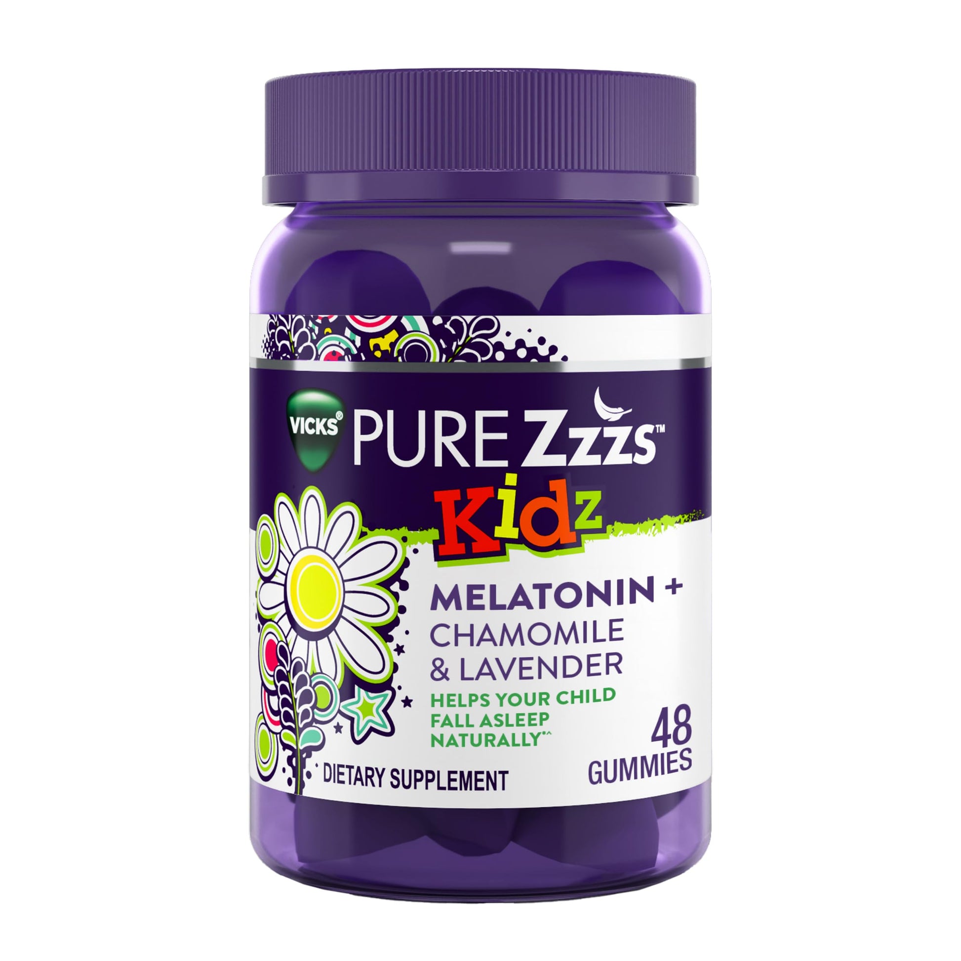 VICKS PURE Zzzs Kidz, Melatonin Sleep Aid Gummies for Kids and Children, Helps Your Child Fall Asleep Naturally, Low Dose Melatonin, 48 Gummies