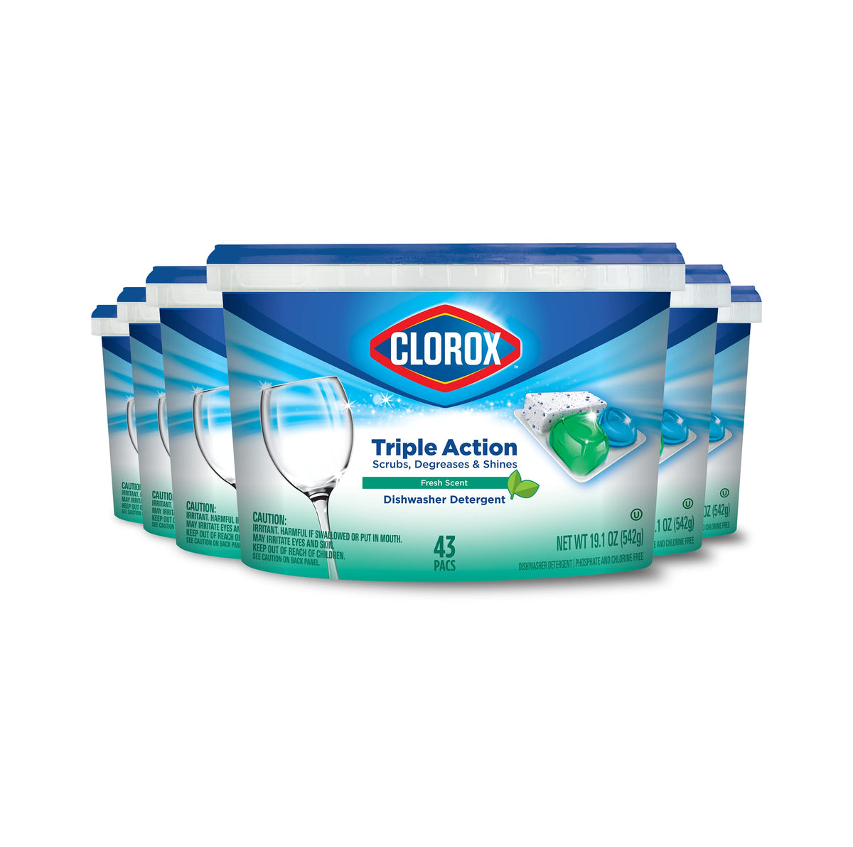 Clorox Triple Action Dishwasher Detergent Pacs, 43 Count (Case of 6, 258 Total Dishwashing Pacs), Fresh Scent