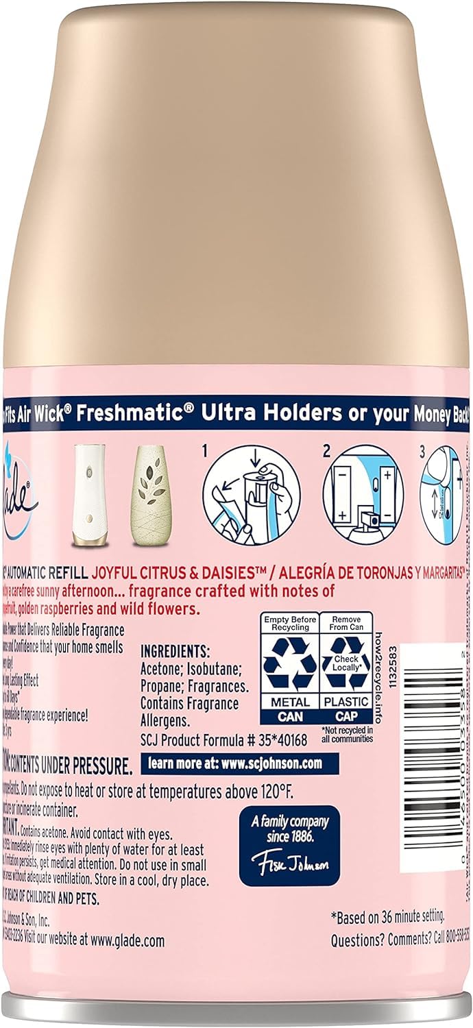 Glade Automatic Spray Refill, Air Freshener for Home and Bathroom, Joyful Citrus & Daisies, 6.2 Oz, Pink