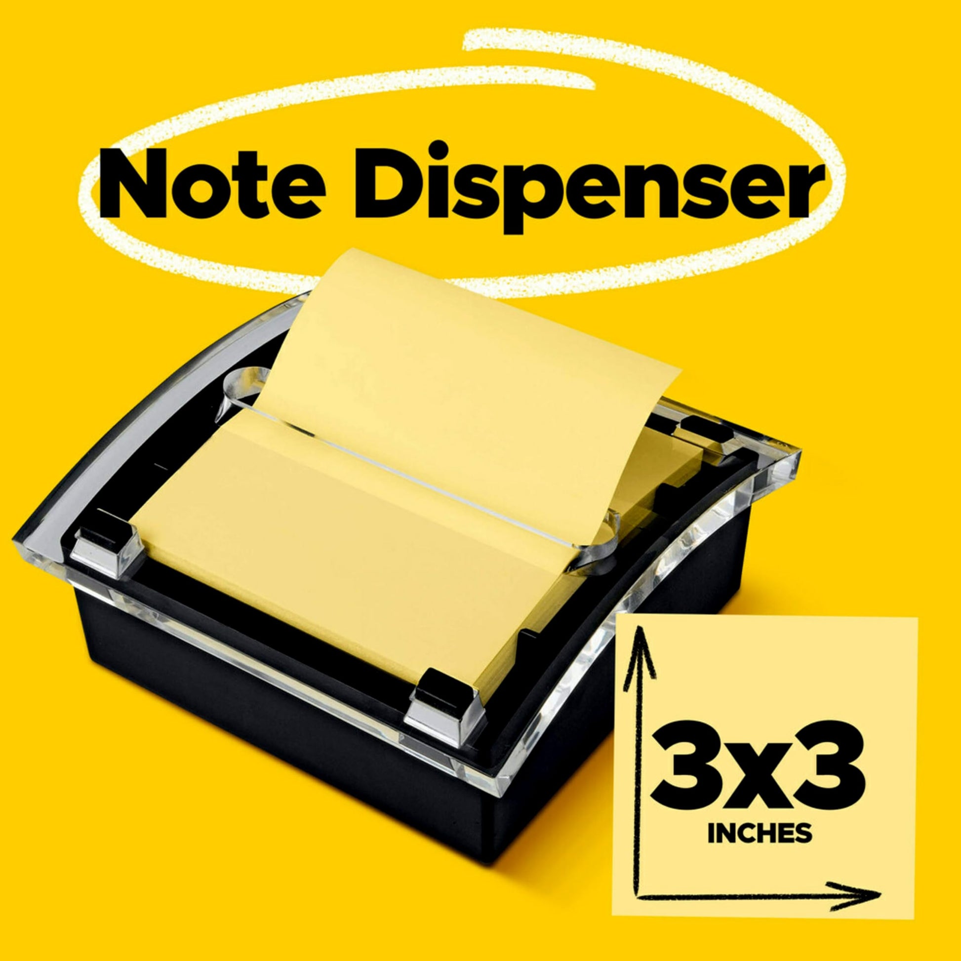 Post-it Note Dispenser, Sticky Note Holder, Black Base, Clear Top, Includes 50 Sheets of 3 in x 3 in Canary Yellow Pop-Up Notes, Classroom or Office Supplies