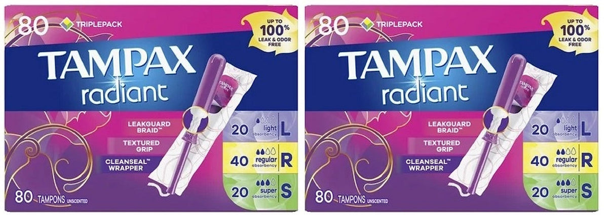 Tampax Radiant Tampons Trio Pack, Light/Regular/Super Absorbency, Unscented, 80 ct. (Pack of 2)
